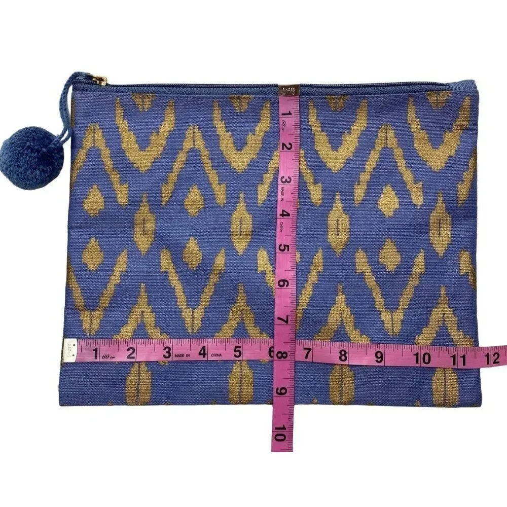 Mudpie Blue Gold Travel Pouch‎  MakeUp Bag with Pom Pom